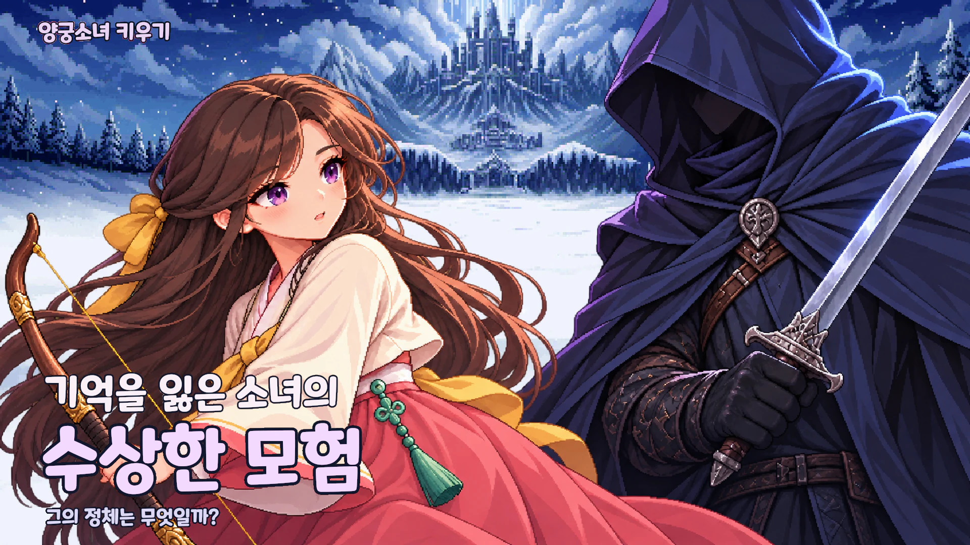 벚꽃이 흩날리는 폐허에서 칼을 든 후드 인물과 마주한 양궁소녀 일러스트